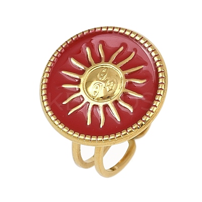 Flat Round with Sun Pattern 304 Stainless Steel Enamel Finger Rings for Women RJEW-G355-05G-02-1