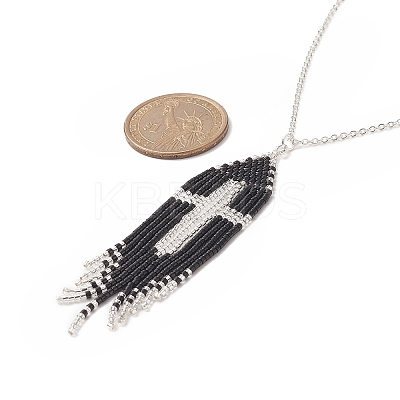 Glass Seed Beaded Cross Tassel Pendant Necklaces NJEW-MZ00011-02-1