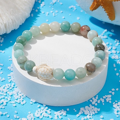 Natural Flower Amazonite Round & Synthetic Turquoise Turtle Beaded Stretch Bracelet for Women BJEW-JB09700-01-1