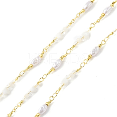 Brass Glass Bead Link Chains with ABS Imitation Pearl Beads CHS-P016-39G-04-1
