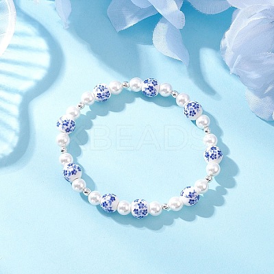 Handmade Flower Printed Porcelain Ceramic Beads Stretch Bracelets for Women BJEW-JB12208-1