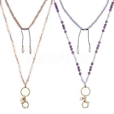 2Pcs Natural Amethyst & Rose Quartz & Glass Beaded Chains for ID Card Holder Lanyard Neck Strap HJEW-SC00149-1