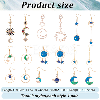 9 Pairs 9 Style Rhinestone Sun & Moon & Star & Planet Enamel Asymmetrical Earrings EJEW-AN0002-14-1