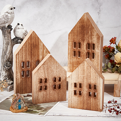 4Pcs 2 Styles Christmas Wood House Display Decorations DJEW-BC0001-28B-1