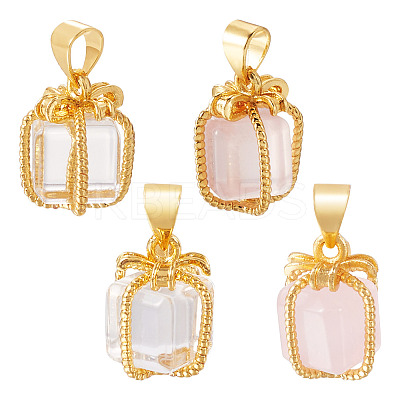 4Pcs 2 Styles Natural Rose Quartz & Quartz Crystal Gift Box Charms G-TA0001-98-1