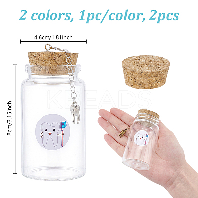 2Pcs 2 Colors Column Transparent Glass Baby Teeth Empty Cork Bottles with Alloy Tooth Tassel Charms and Tooth Picture Stickers AJEW-NB00017-1