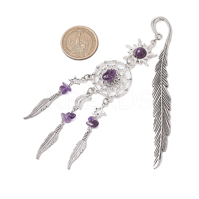 Alloy Sun & Woven Net/Web with Feather Charms Bookmarks AJEW-JK00368-02-1