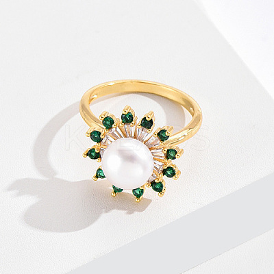 Brass Micro Pave Green Cubic Zirconia Flower Finger Ring KF3453-1-1