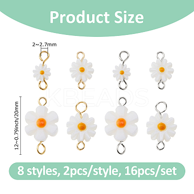 16Pcs 8 Styles Natural Freshwater Shell Daisy Flower Connector Charms PALLOY-FH00118-1