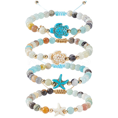 4Pcs 4 Style Natural Flower Amazonite Round Beaded Braided Bead Bracelets Sets BJEW-SC0001-51-1