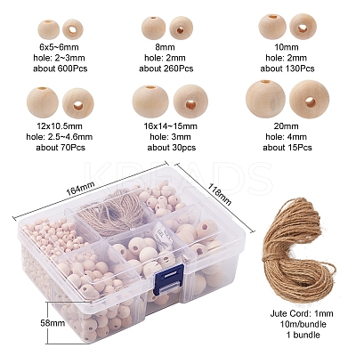 6 Style Natural Round Wood Beads and Jute Cords WOOD-YW0001-02-1