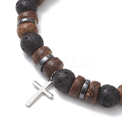2Pcs Adjustable Natural Coconut & Lava Rock & Synthetic Lava Rock Beads Stretch Bracelets BJEW-JB13285-1
