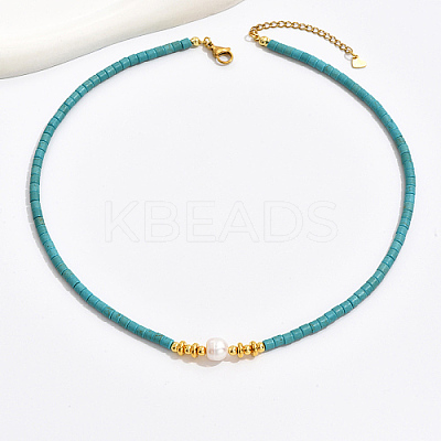 Synthetic Turquoise Column & Natural Pearl Beaded Necklace DK7962-1-1