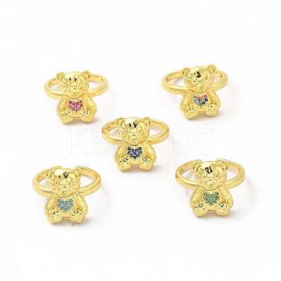 Cubic Zirconia Bear with Heart Open Cuff Ring KK-A180-38G-1