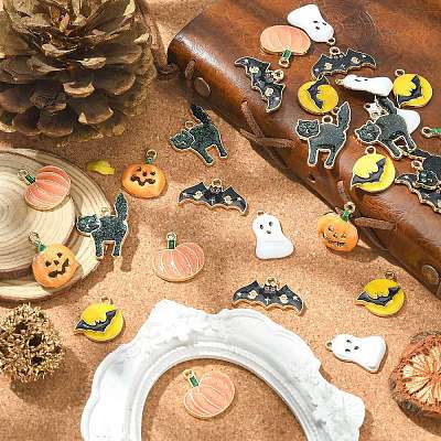 30Pcs 6 Styles Halloween Rack Plating Alloy Enamel Pendants PALLOY-CJ0002-32-1
