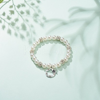 ABS Plastic Imitation Pearl  & Rhinestone Beaded Stretch Bracelet with Alloy Charm for Women BJEW-JB08526-01-1