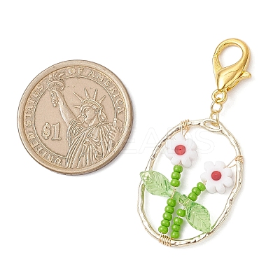 6Pcs Oval with Flower Glass Seed Bead & Lampwork & Alloy Pendant Decoraitons HJEW-MZ00351-1