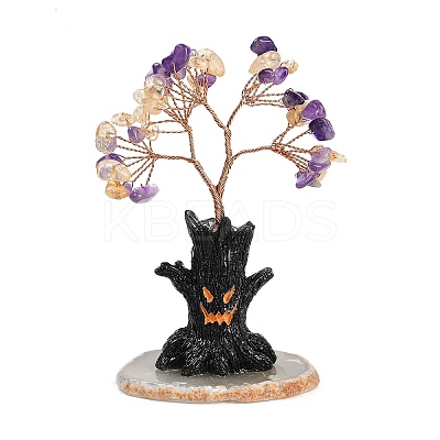 Halloween Theme Natural Amethyst and Yellow Quartz Chips Tree of Life Decorations DJEW-B013-02G-1