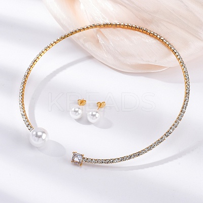 Round Plastic Imitation Pearl Stud Earrings & Cubic Zirconia and Rhinestone Square Cuff Choker Necklaces Sets SJEW-U003-02G-1