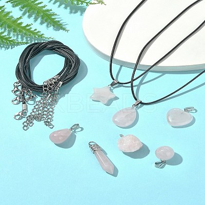 DIY Natural Rose Quartz Pendants & Waxed Cord Necklaces Making Kits DIY-FS0008-74-1