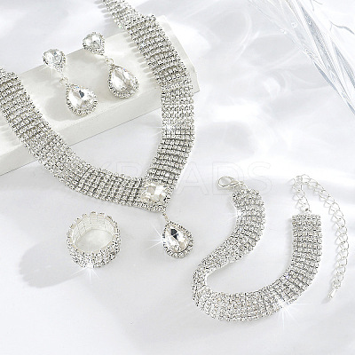 Teardrop Brass Rhinestone Bracelets & Earrings & Necklaces & Rings Sets FS-WGC81F5-03-1