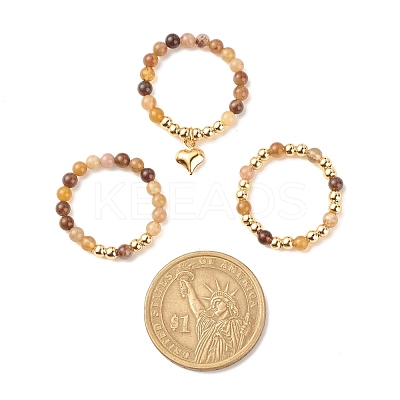 3Pcs 3 Style Natural Gemstone & Brass Beaded Finger Rings with 304 Stainless Steel Heart Charms for Women RJEW-JR00470-1