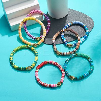 7Pcs 7 Color Handmade Polymer Clay Disc Surfer Stretch Bracelets Set BJEW-JB08798-1