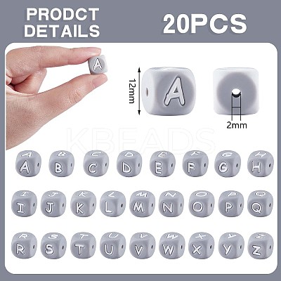 20Pcs Grey Cube Letter Silicone Beads 12x12x12mm Square Dice Alphabet Beads with 2mm Hole Spacer Loose Letter Beads for Bracelet Necklace Jewelry Making JX436B-1