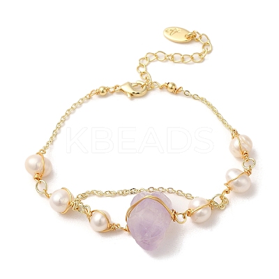 Natural Amethyst Nuggets & Pearl Link Bracelets BJEW-C051-34G-1