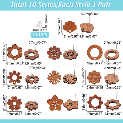 20Pcs 10 Style Walnut Wood Stud Earring Findings MAK-PH0004-32-1