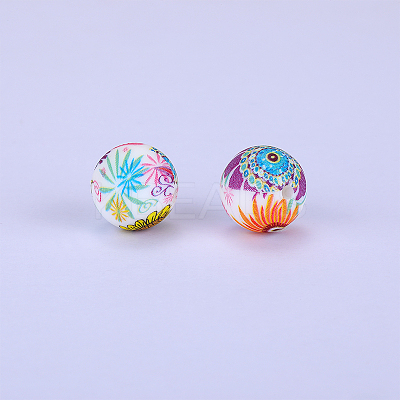 Printed Round with Flower Pattern Silicone Focal Beads SI-JX0056A-172-1