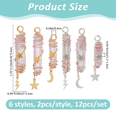 12Pcs 6 Styles Electroplated Natural Quartz Crystal Pointed Copper Wire Wrapped Bullet Pendants PALLOY-FH00161-1