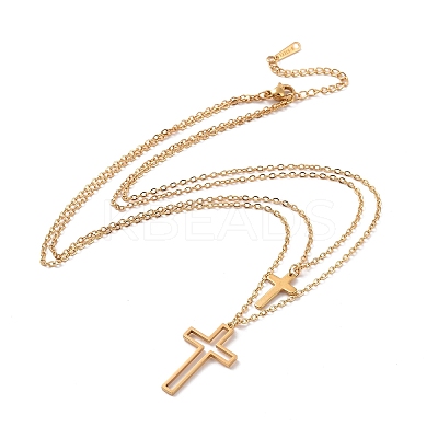 304 Stainless Steel Hollow Out Cross Pendant Double Layer Necklace with Cable Chains for Men Women NJEW-E088-01G-1
