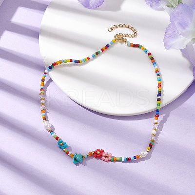Flower Imitation Pearl Glass Seed & Acrylic Beaded Necklaces NJEW-JN04676-1