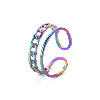 Rainbow Color 304 Stainless Steel Curb Chain Shape Cuff Ring RJEW-N038-038M-1