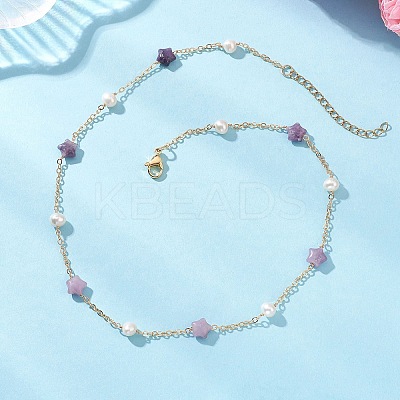 Natural Lepidolite Star & Natural Freshwater Pearl & Brass Link Chain Necklaces NJEW-JN05687-03-1