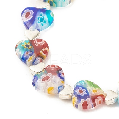 Handmade Millefiori Lampwork & Alloy Heart Beaded Stretch Bracelet BJEW-JB08042-03-1