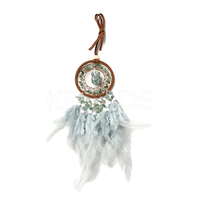 Natural Green Aventurine Chips Woven Net/Web with Feather Pendant Decoration WICH-PW0001-39D-1