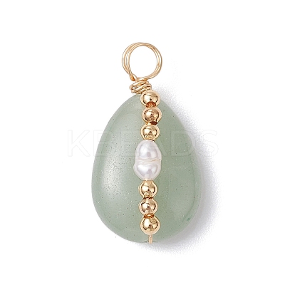 Copper Wire Wrapped Natural Green Aventurine & Natural Cultured Freshwater Pearl Beads Pendants PALLOY-JF03645-02-1