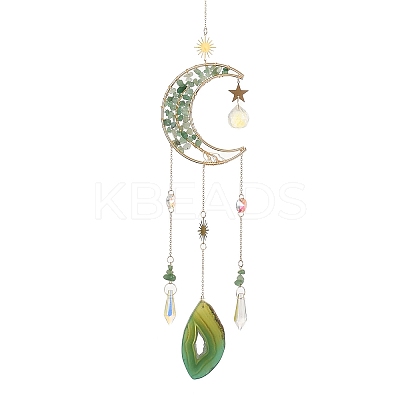 Wire Wrapped Natural Green Aventurine Moon with Tree of Life Pendant Decorations HJEW-K046-07G-04-1