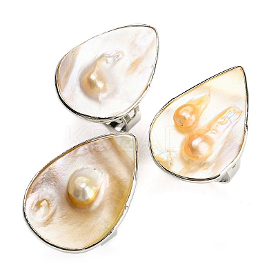 Freshwater Shell with Pearl Adjustable Finger Rings for Girl Women AJEW-Z010-03C-P-1