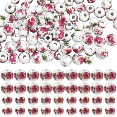 100Pcs 2 Styles Floral Printed Porcelain Beads PORC-SP0001-07-1