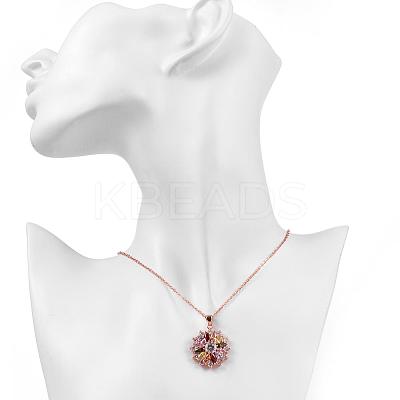 Real Rose Gold Plated Brass Cubic Zirconia Flower Pendant Necklaces NJEW-BB04540-1