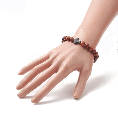 Natural Wood & Synthetic Turquoise Beaded Stretch Bracelet for Men Women BJEW-JB09291-1