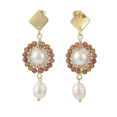 4 Pair 4 Style Natural Mixed Gemstone & Shell Pearl Beaded Flower Dangle Stud Earrings EJEW-JE05076-1