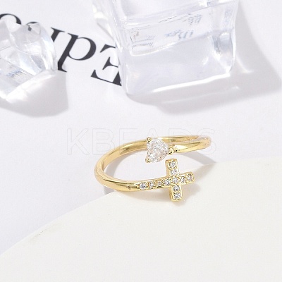Rack Plating Cross & Heart Brass Micro Pave Cubic Zirconia Cuff Rings for Women RJEW-M028-63G-1