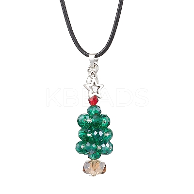 Electroplate Glass Beaded Dark Cyan Christmas Tree & Alloy Star Pendant Black Waxed Cotton Cord Necklaces NJEW-MZ00123-01-1