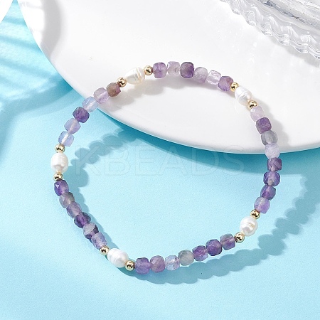 Natural Amethyst Cube Beads Stretch Bracelets for Women BJEW-JB13176-03-1