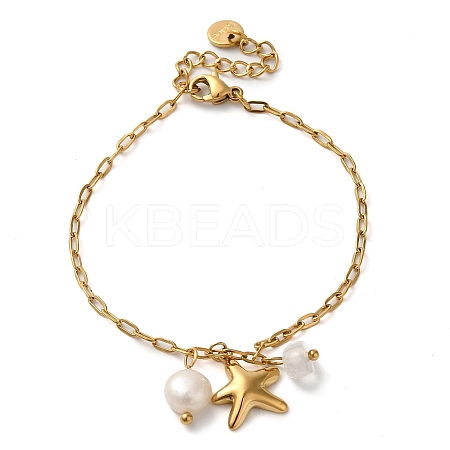 Natural Quartz Crystal & Fresheater Pearl & Starfish Charm Bracelets BJEW-K237-06G-03-1