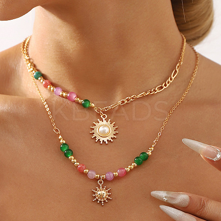 Sun Alloy Plastic Pearl Pendant Necklaces for Women NJEW-U013-11G-1